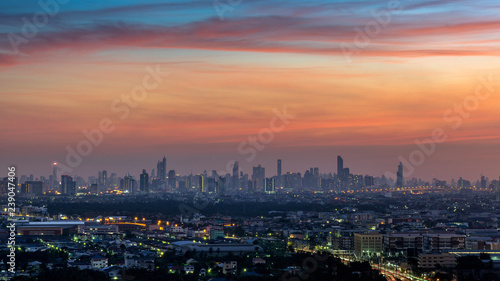 Cityscape at twilight in Bangkok, Thailand.