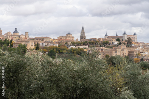 Skyline of old city of Toledo, Castile-La Mancha, Spain. View from the Ermita del Valle (Hermitage of Virgen del Valle) on the opposite bank of the river Tagus.