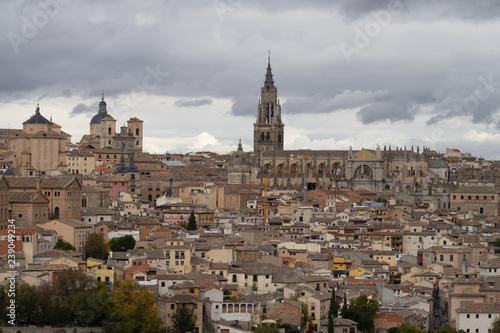 Skyline of old city of Toledo, Castile-La Mancha, Spain. View from the Ermita del Valle (Hermitage of Virgen del Valle) on the opposite bank of the river Tagus.
