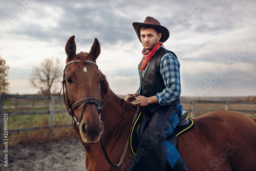 Cowboy riding a horse on texas farm