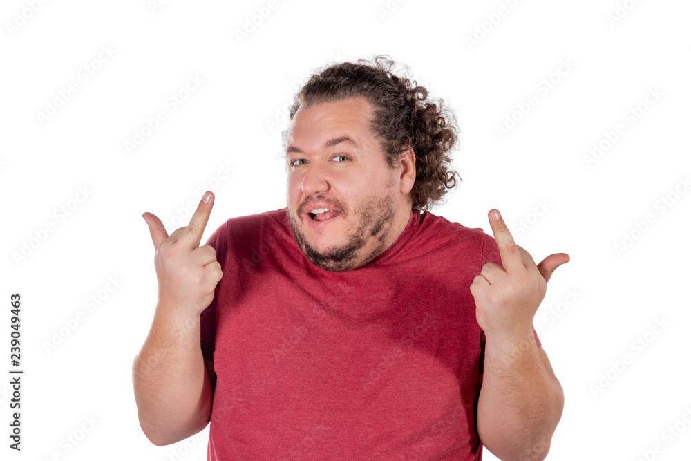 Fat happy man shows fingers and smiles on white background Fat happy man shows fingers and smiles on white background