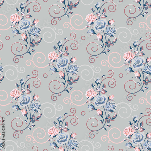Seamless floral patterns with flowers - pink and blue Roses on a gray background.