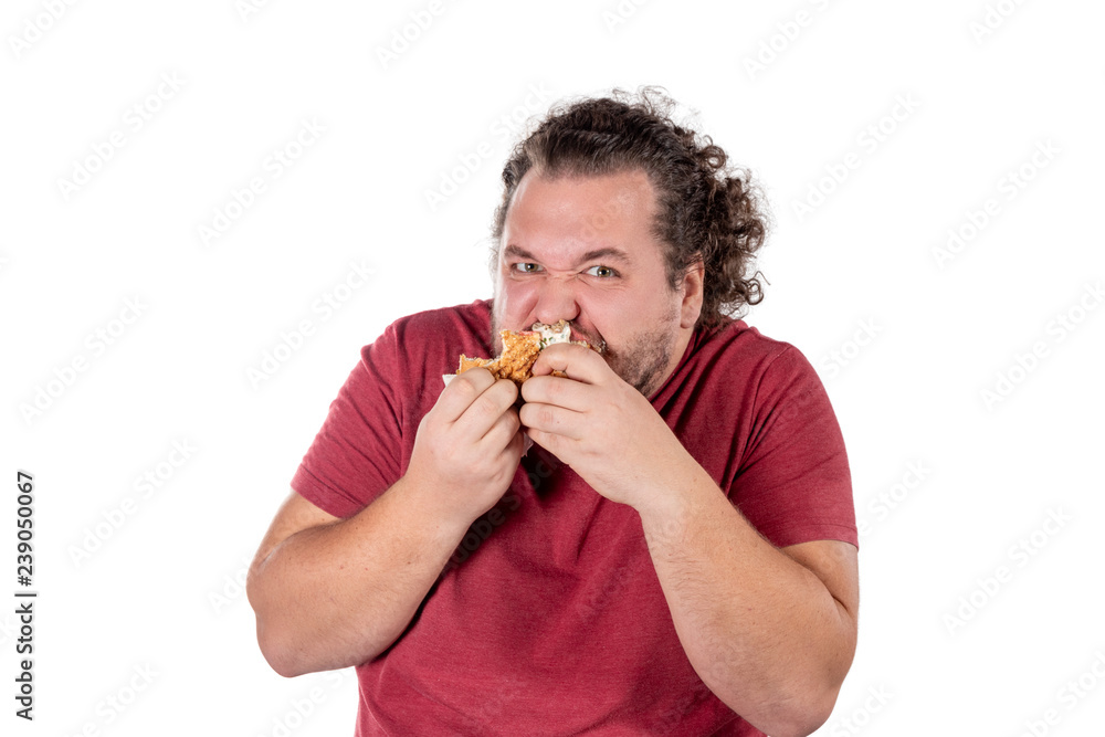 Funny fat man eating burger. Fast food, unhealty eat. Overweight and health problems Funny fat man eating burger. Fast food, unhealty eat. Overweight and health problems