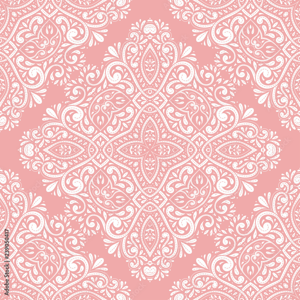 Beautiful pink and white floral seamless pattern. Vintage vector, paisley elements. Traditional,Turkish, Indian motifs. Great for fabric and textile, wallpaper, packaging or any desired idea.