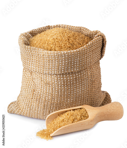 brown cane sugar in burlap bag photo