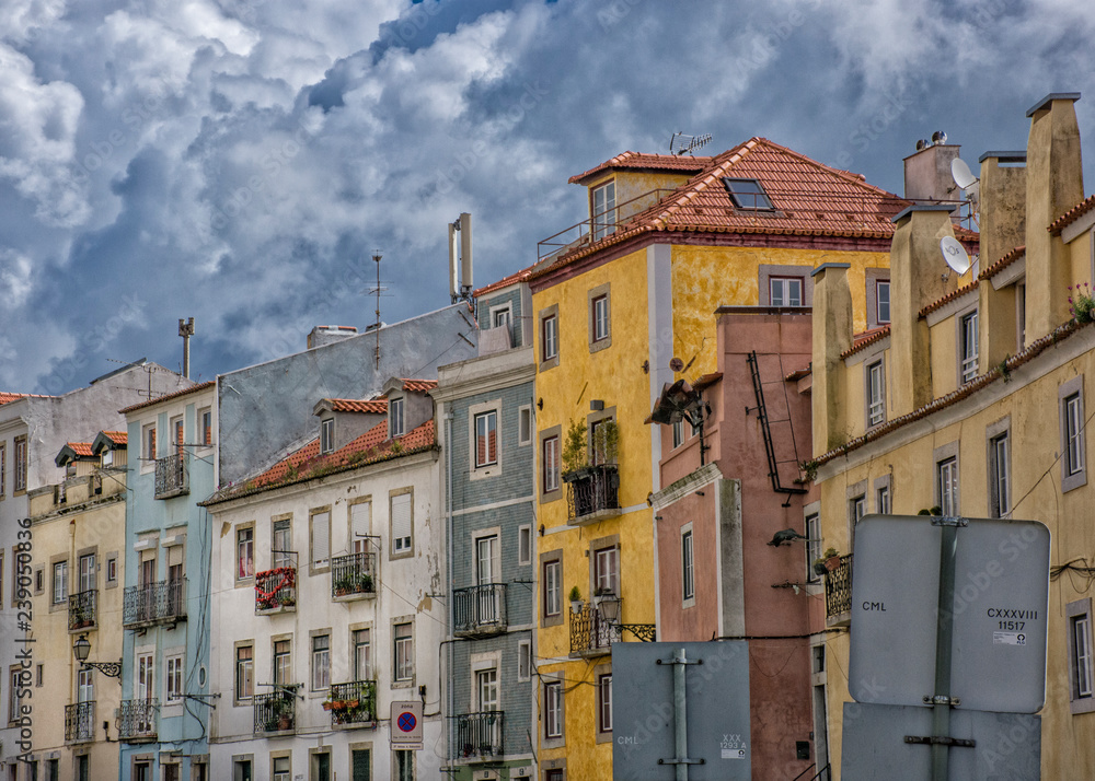 Colourful Apartment Row With Balconies, Lisbon, Portugal