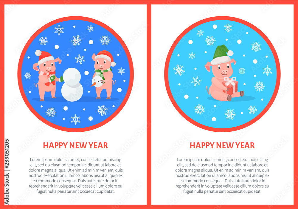 Fototapeta premium Happy New Year Greeting Cards Pigs in Round Frame