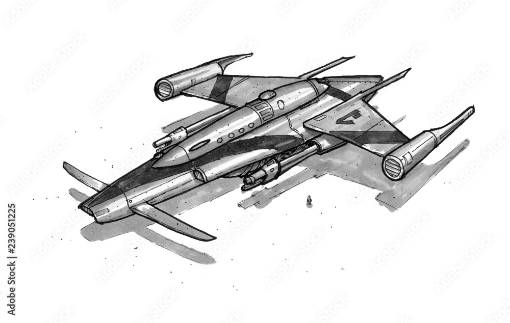 Black and white ink concept art drawing of futuristic or sci-fi spaceship  or spacecraft. Stock Illustration | Adobe Stock