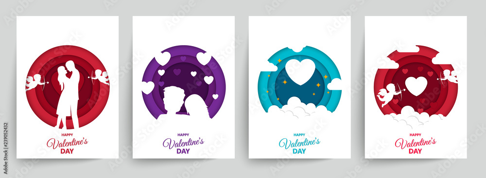 Happy Valentine's day abstract background. Set background for covers, invitations, posters, banners, flyers, placards. Happy Valentine's day composition in paper cut style. Vector illustration. Happy Valentine's day abstract background. Set background for covers, invitations, posters, banners, flyers, placards. Happy Valentine's day composition in paper cut style. Vector illustration.