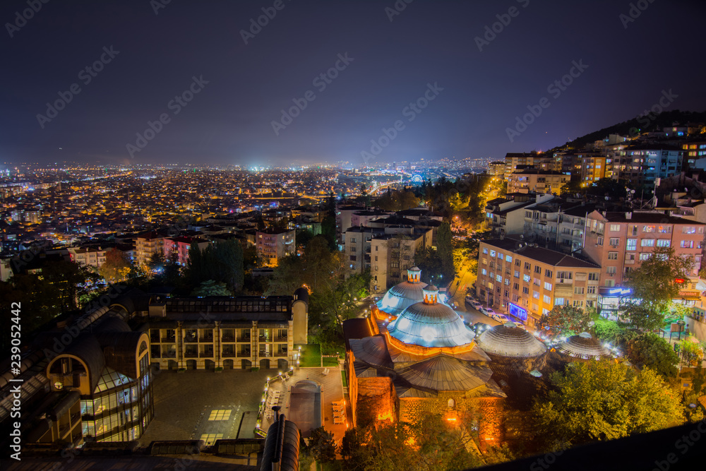 Bursa city night time view with lights in Turkey