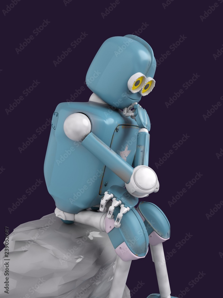 Naklejka premium retro robot thinks sitting on the stone, artificial intelligence, ai