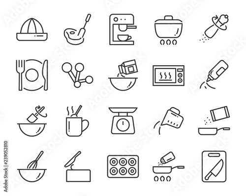 set of cooking icons, such as bake, boil, heat, fries, mixer
