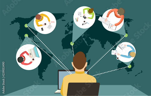 man works distance or learns around the world with students or employees from different countries online courses or work remotely vector illustration