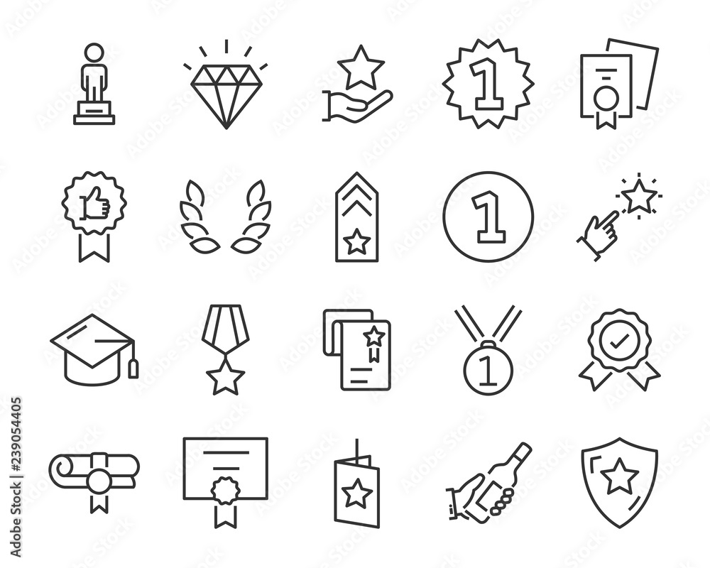 set of award line icons, such as star, champion, prize, acheivement, winner, trophy, glory, certificate set of award line icons, such as star, champion, prize, acheivement, winner, trophy, glory, certificate