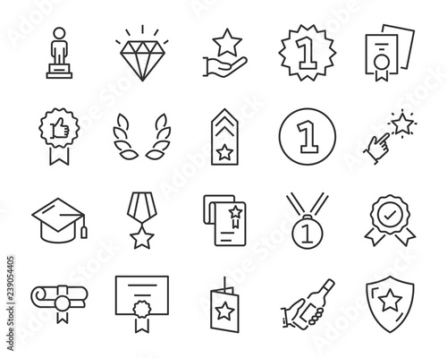 set of award line icons, such as star, champion, prize, acheivement, winner, trophy, glory, certificate