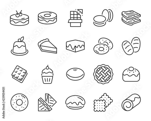 set of bakery icons , such as bake, bread, toast, pie, waffle, pizza, donut, cake