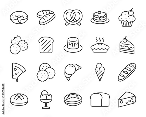 set of bakery icons , such as bake, bread, toast, pie, waffle, pizza, donut, cake