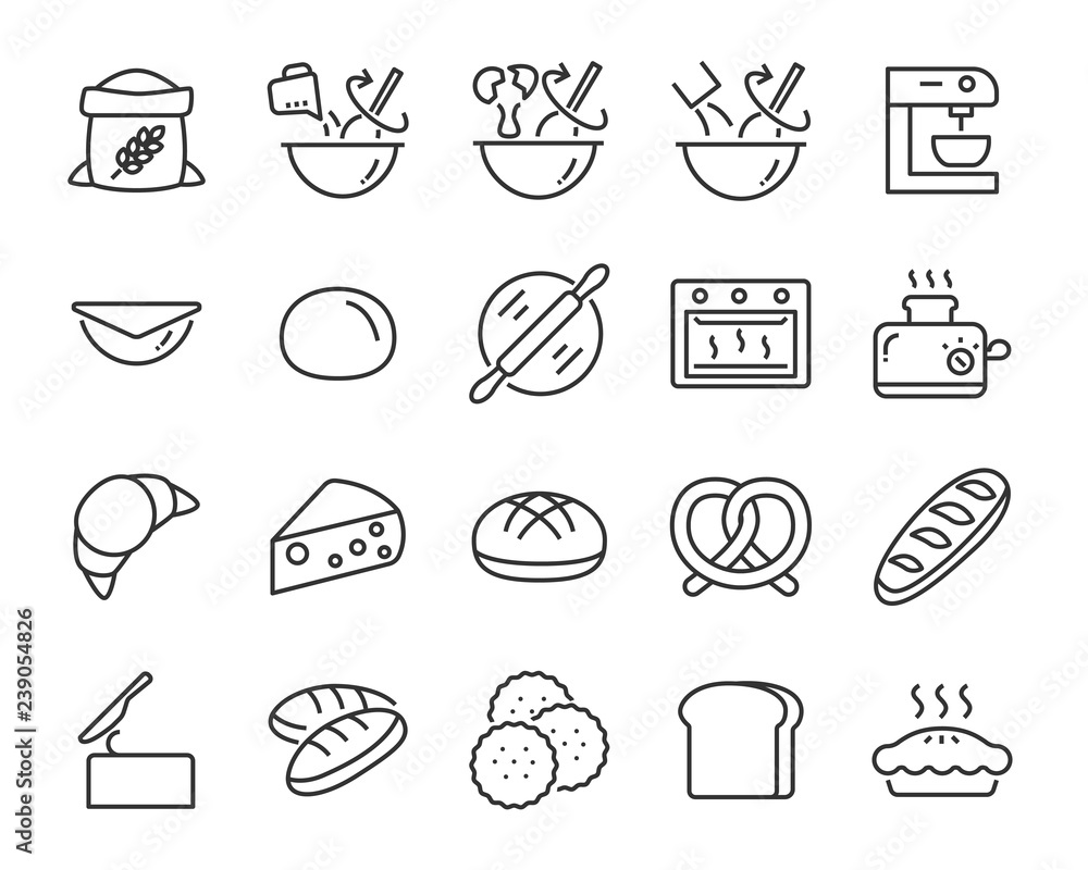 set of bake icons such as baking, mix, dough, bread, pie, food