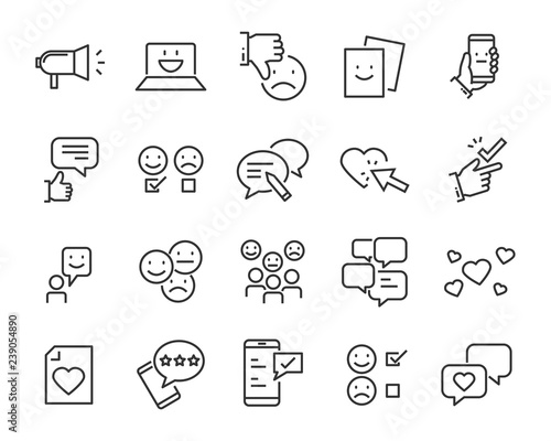 set of feedback line icons, such as, question, review, test, app, emoji, survey