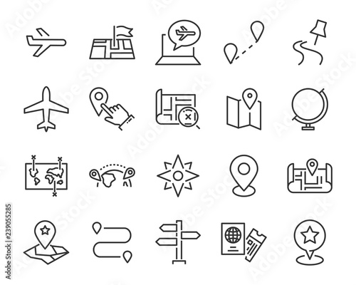 set of world map vector line icons, such as map, way, globe