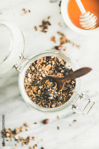 Buckwheat and granola with hazelnuts in glass jar