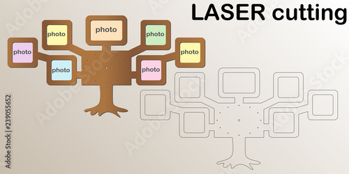 Laser cut clock and photoframe as tree for interior. Template laser cutting machine for wood and metal. The perfect gift for St. Valentine's Day or Wedding day.