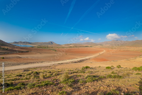 scenic of fields in Gata Cape Natural Park in Nijar  Almeria  Andalusia  Spain  Europe  and horizon with blue sky