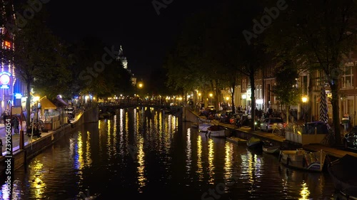 Amstredam night illumination canal and bridge panorama 4k time lapse netherlands photo