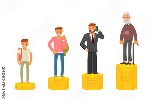Old and young man stand on stacks of gold coins