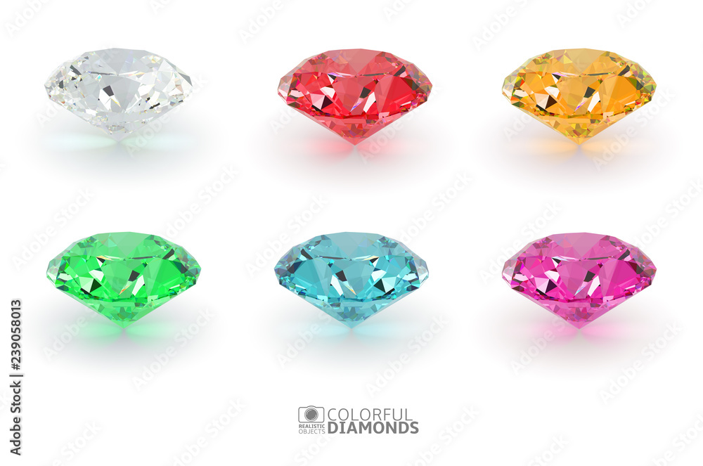 Set of shiny realistic 3d diamonds isolated on white background, front view, vector illustration