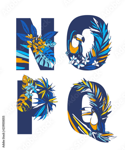 Decorative set tropical pattern letters alphabet font hand drawn floral ornament.