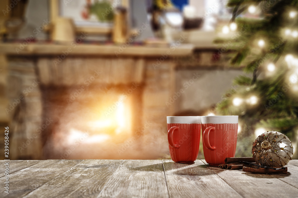 Table background and christmas mug on desk Table background and christmas mug on desk