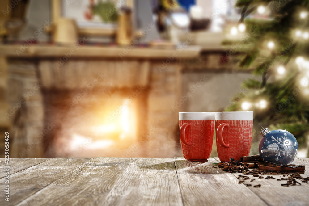 Table background and christmas mug on desk Table background and christmas mug on desk