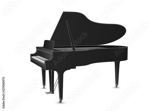 Beautiful realistic detailed grand piano vector in black color with white outlines.