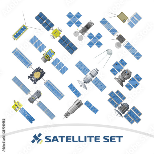 Vector isolated illustration of flat satellite with radar, solar panel and dish on a white background.