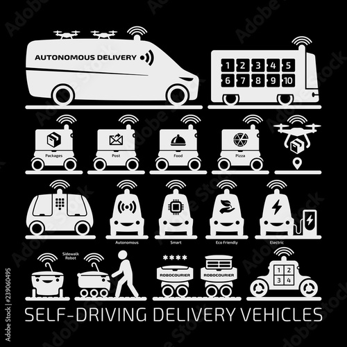 Autonomous delivery robot car and drone vector shape icon set on a black background. Future driverless cargo van, truck and robocourier vehicle for packages, post, pizza and food transportation.