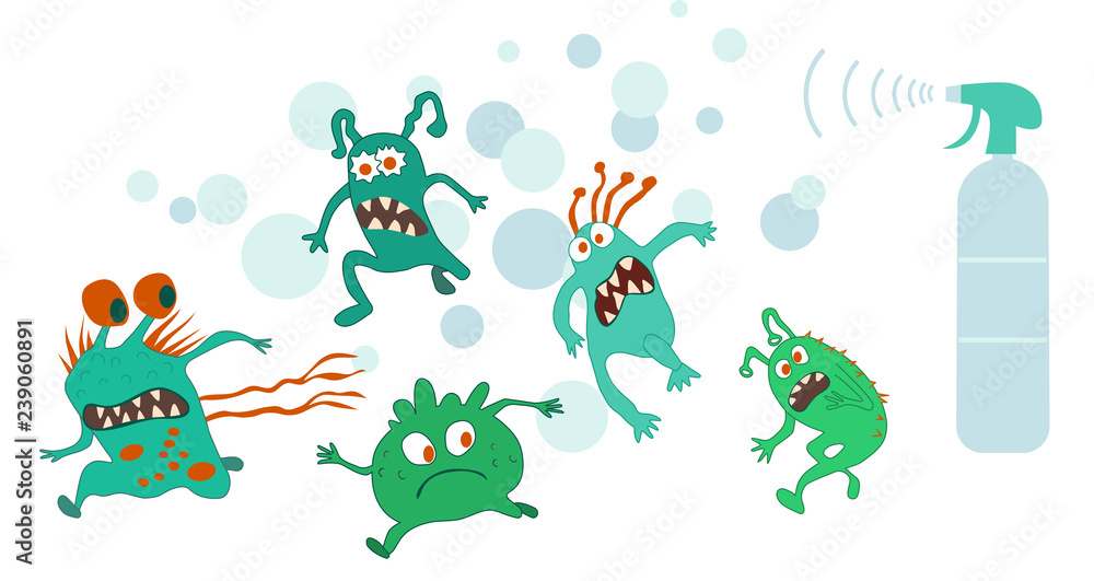 Obraz premium Running monsters on white background. Bacterium extermination. Hand drawn vector illustration