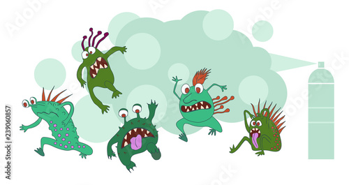 Running crazy monsters on white background. Bacterium extermination. Hand drawn vector illustration © is1003