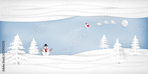 Paper art, cut and digital craft style of Santa Claus on Sleigh and Reindeer with snowman in the merry christmas night and  happy new year 2019 as holiday and x'mas day concept. vector illustration.
