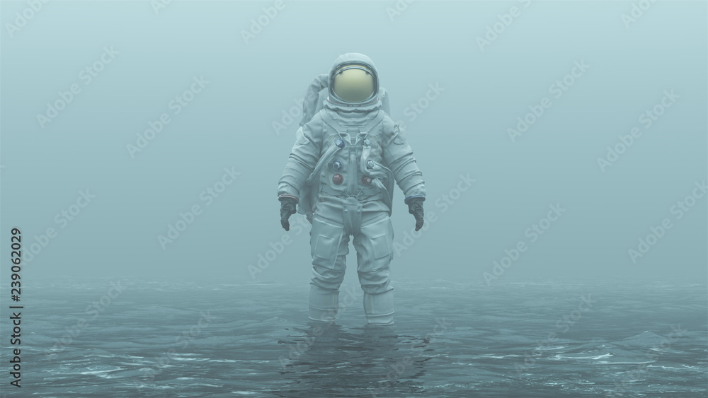 Astronaut with Gold Visor Standing in Water in a Foggy Overcast Environment 3d illustration 3d render Astronaut with Gold Visor Standing in Water in a Foggy Overcast Environment 3d illustration 3d render