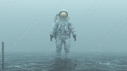 Astronaut with Gold Visor Standing in Water in a Foggy Overcast Environment 3d illustration 3d render