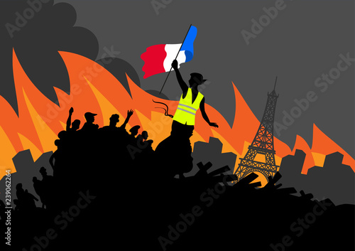 Yellow vests protest movement graphics on cityscape and Eiffel tower. Woman freedom and french flag on the barricade.