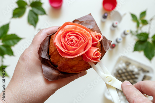 on white background cake molds, spatula, corolla, cones for cream, korean buttercream flowers
