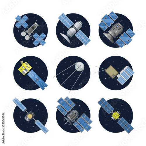 Vector flat isolated satellite icon in circle space shape with GPS radar station, solar panel and dish.