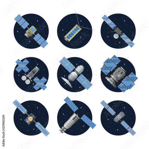  Vector flat isolated communication and reconnaissance satellite icon in round space background with GPS radar, solar panel and dish.