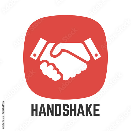 Vector handshake or partnership deal and agreement simple flat isolated icon in red superellipse button of two shaking hand.