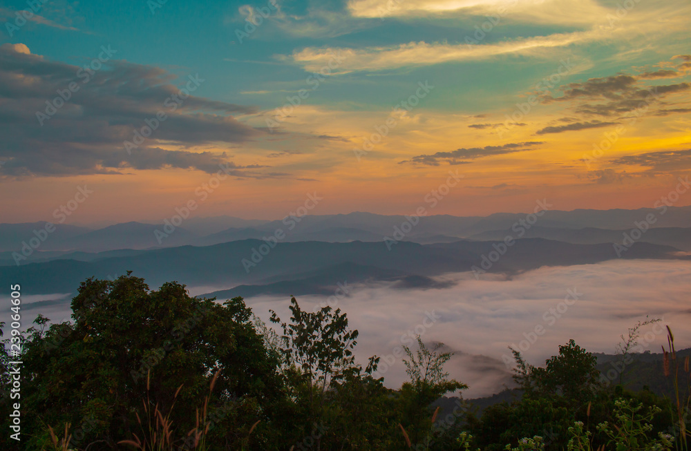 Sunrise and mountain mist at doi samer dao Sri Nan National Park thailand 