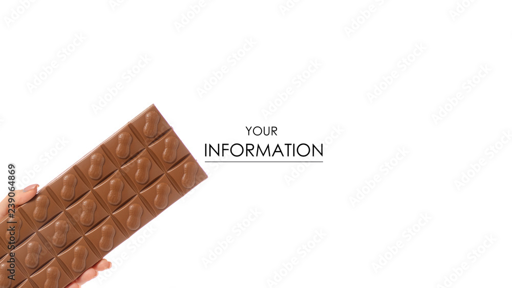Chocolate with caramel and nuts in hand pattern on a white background isolation
