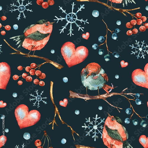 Winter watercolor natural seamless pattern with red heart, bird, snowflakes, branches and berries photo