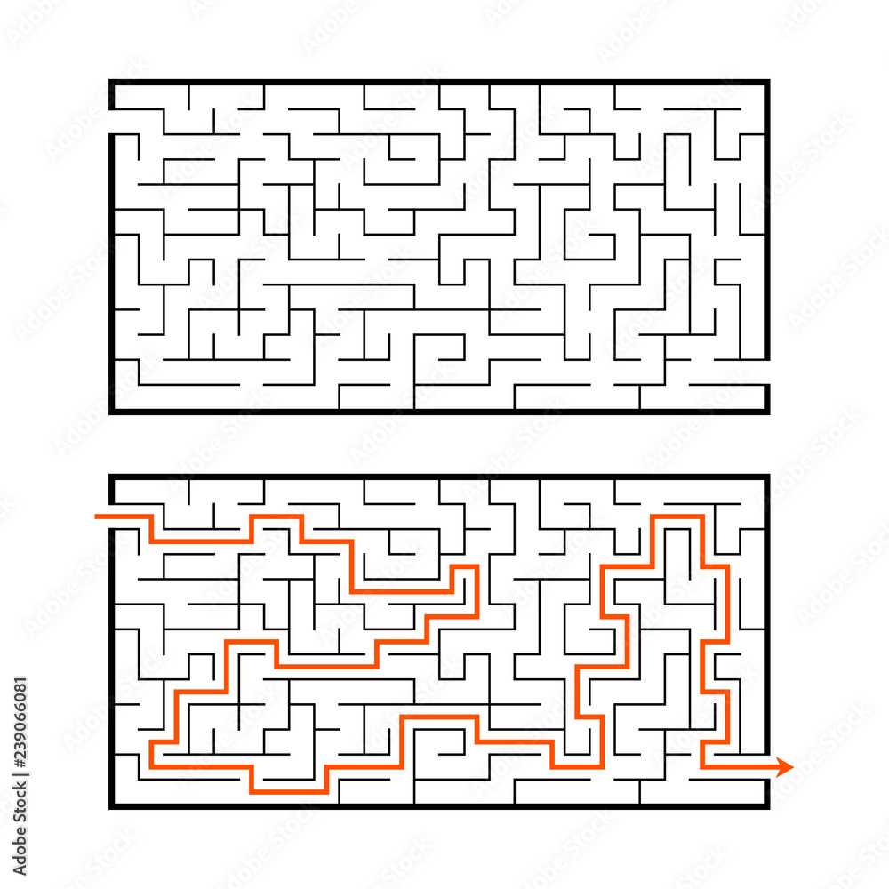Abstract rectangular maze. Game for kids. Puzzle for children. Labyrinth conundrum. Flat vector illustration isolated on white background. With the answer. Abstract rectangular maze. Game for kids. Puzzle for children. Labyrinth conundrum. Flat vector illustration isolated on white background. With the answer.